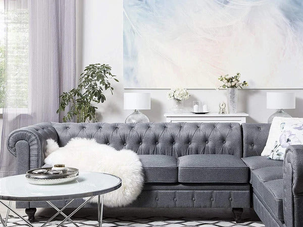 L Shape Sofa Set:- Chesterfield Fabric Sofa Set (Light Grey)