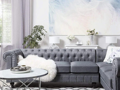 L Shape Sofa Set:- Chesterfield Fabric Sofa Set (Light Grey)