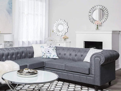 L Shape Sofa Set:- Chesterfield Fabric Sofa Set (Light Grey)