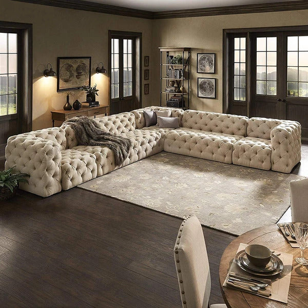 L Shape Sofa Set:-Chesterfield Hardwood Leatherette Luxury Furniture Sofa Set, (Beige)