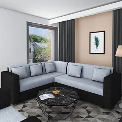 L Shape Sofa Set:- Cosmo Wood Fabric Sofa Set  Sofa (Black & Grey)