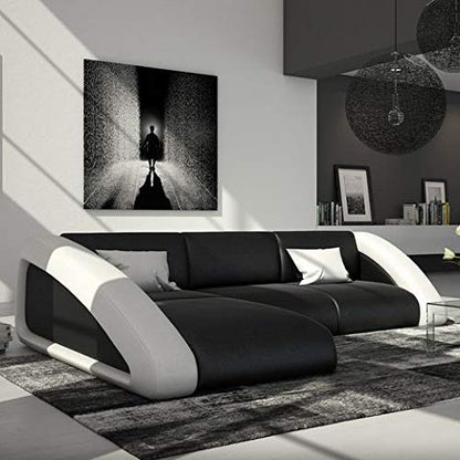 L Shape Sofa Set Delfina Lounger Leatherette Sofa Set (Black and White)