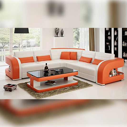 L Shape Sofa Set  Entile Leatherette 5 Seater Sofa Set(Orange and White)