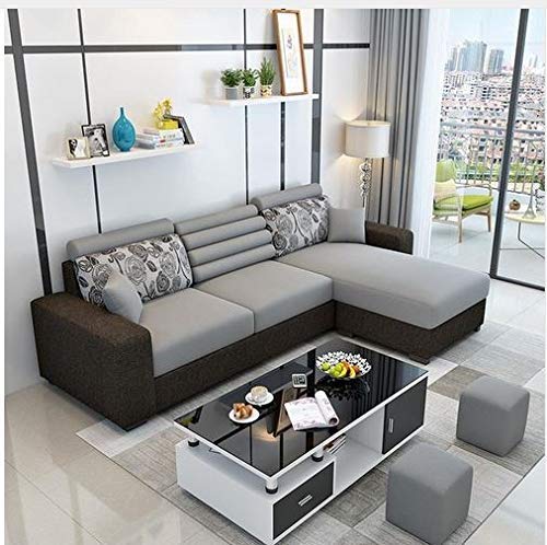 L Shape Sofa Set Modern Hardwood Fabric Sofa Set (Cream & Grey)
