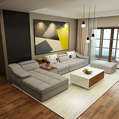 L Shape Sofa Set Modern Sectional Leatherette Sofa Set (Light Grey)