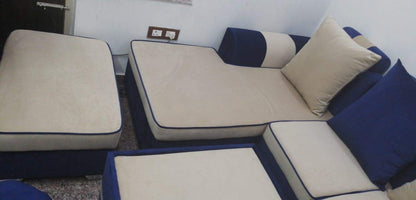 L Shape Sofa Set Pronet Fabric Sofa Set + Lounger +1 Puffy (Beige and Blue)