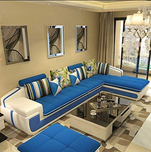 L Shape Sofa Set Roland Sectional Hardwood Leatherette Sofa Set with one Puffy (Blue and Cream)