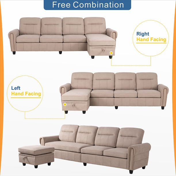 L Shape Sofa Set : Round Arms Modular 4 Seater Sofa Set