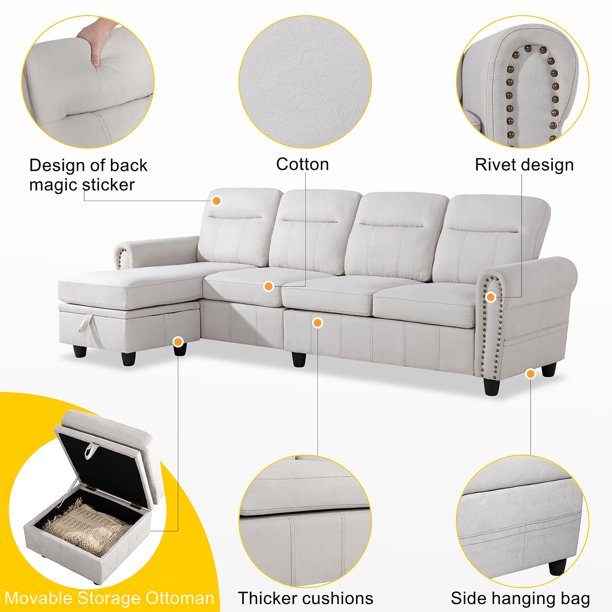 L Shape Sofa Set : Round Arms Modular 4 Seater Sofa Set