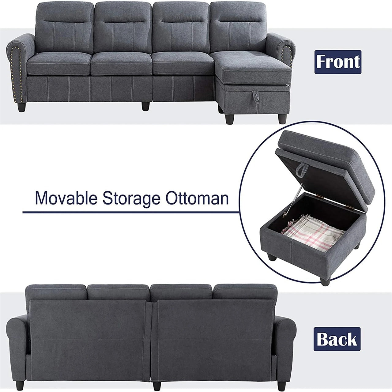 L Shape Sofa Set : Round Arms Modular 4 Seater Sofa Set