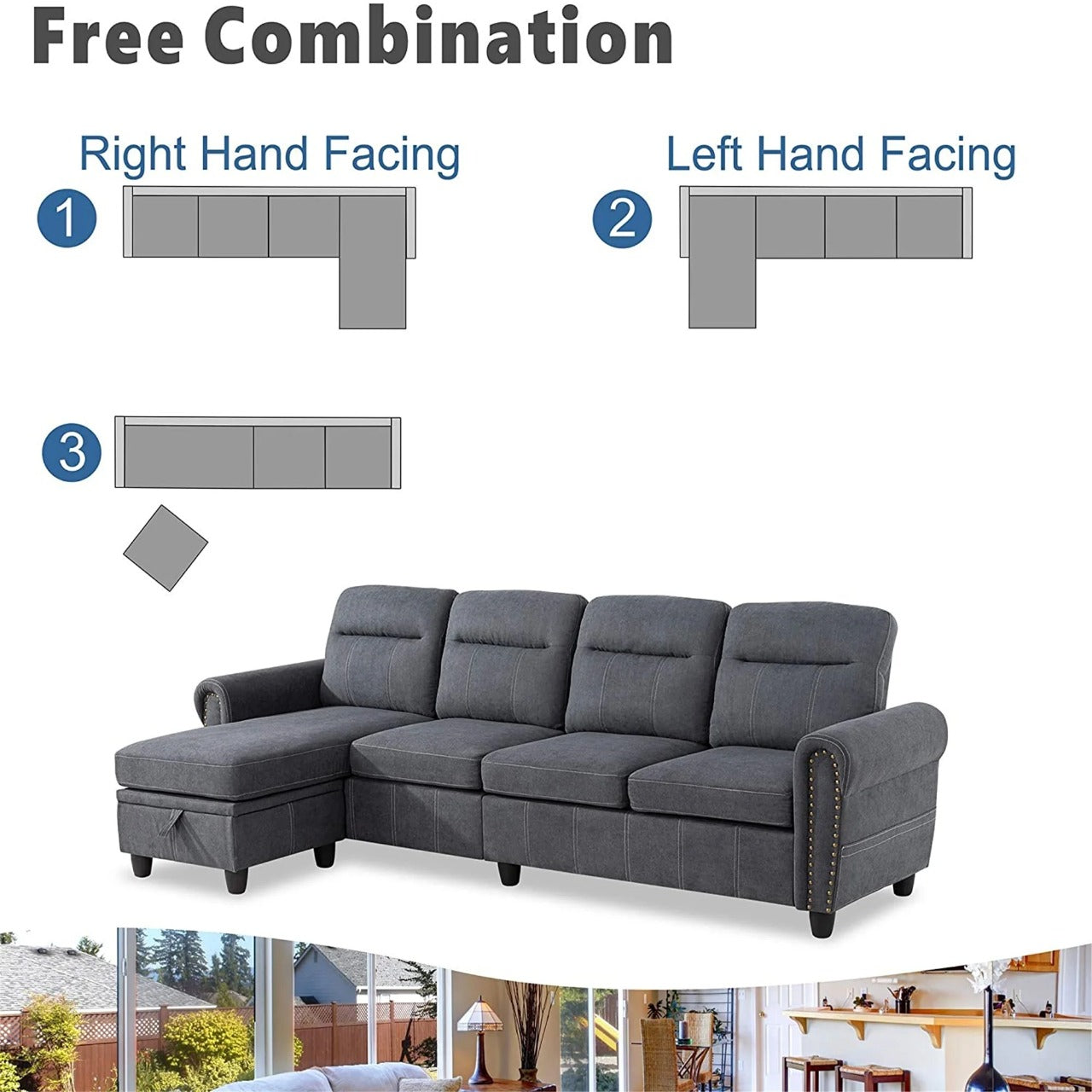 L Shape Sofa Set : Round Arms Modular 4 Seater Sofa Set