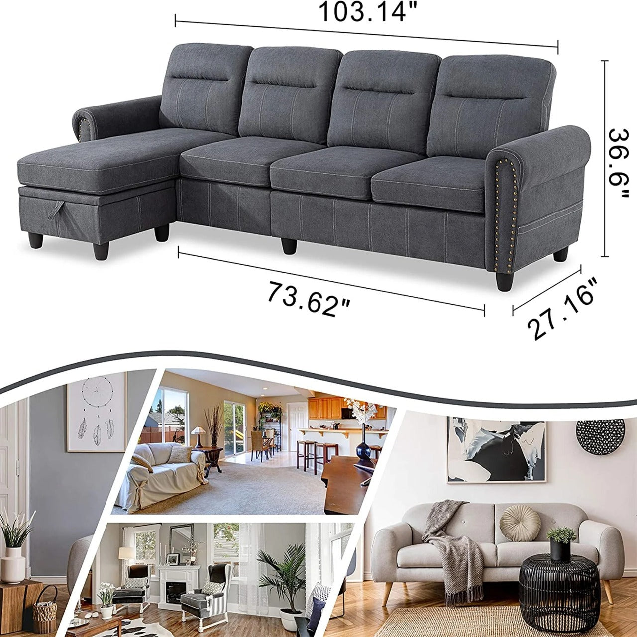 L Shape Sofa Set : Round Arms Modular 4 Seater Sofa Set