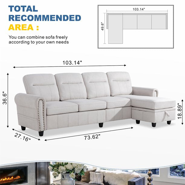 L Shape Sofa Set : Round Arms Modular 4 Seater Sofa Set