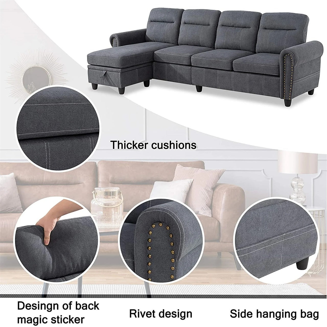 L Shape Sofa Set : Round Arms Modular 4 Seater Sofa Set