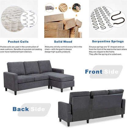 L Shape Sofa Set: Dark Grey Fabric Convertible Sofa Couch