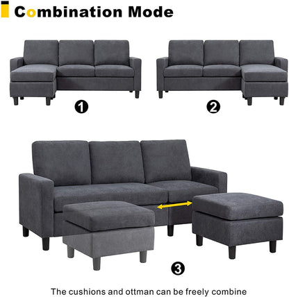L Shape Sofa Set: Dark Grey Fabric Convertible Sofa Couch