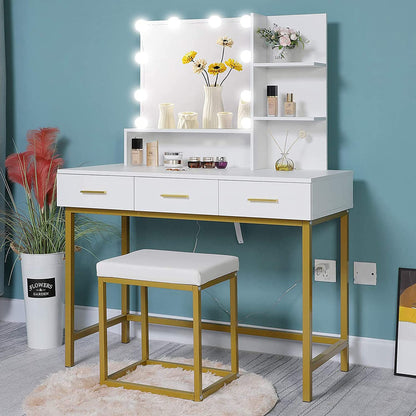 Dressing Table : Vanity Set with 10 LEDs Lighted Mirror & Makeup Table with Padded Cushioned Stool