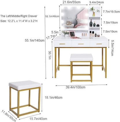 Dressing Table : Vanity Set with 10 LEDs Lighted Mirror & Makeup Table with Padded Cushioned Stool