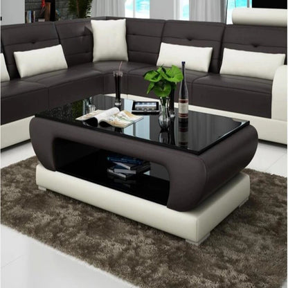 Leatherette Coffee Table: Black and White Leatherette Coffee Table with Black Glass