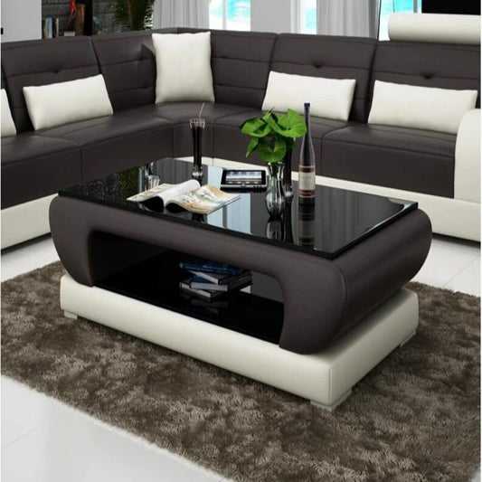 Leatherette Coffee Table: Black and White Leatherette Coffee Table with Black Glass