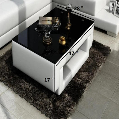 Leatherette Coffee Table: White Leatherette Coffee Table with Black Glass Table