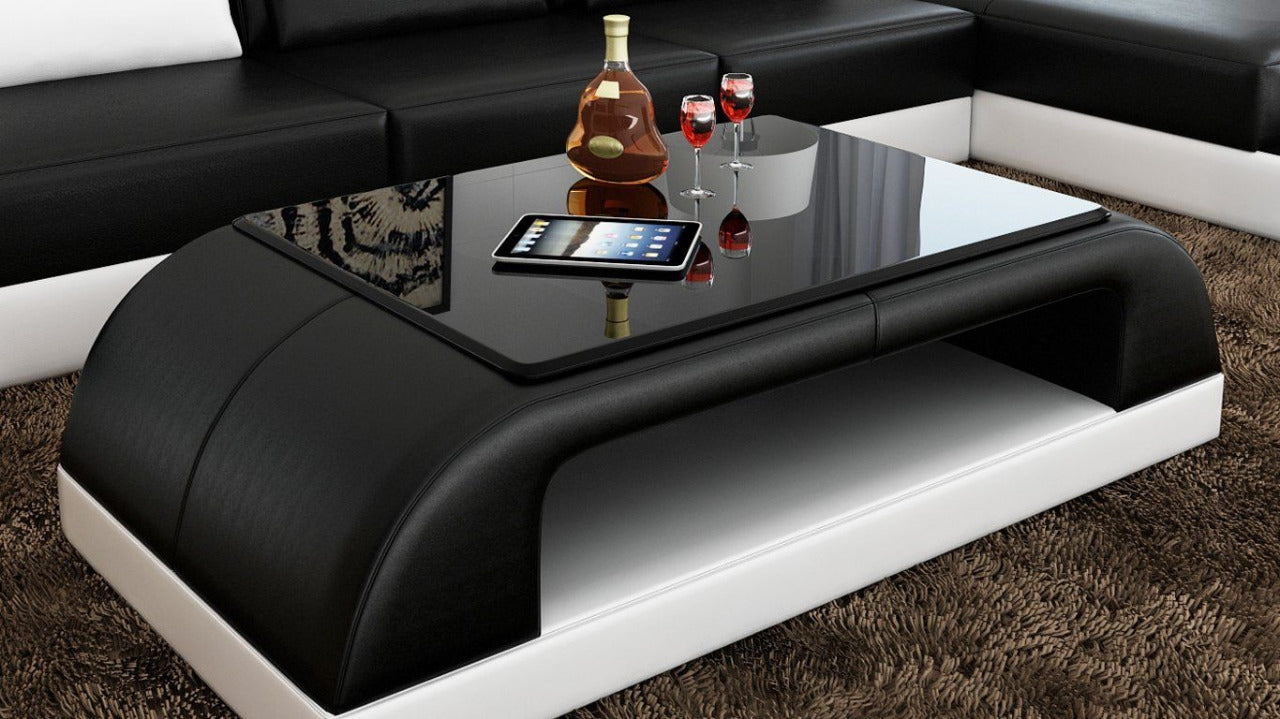 Leatherette Coffee Table: Contemporary Black Leatherette Coffee Table W/Black Glass Table Top