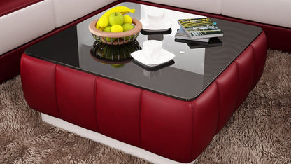 Leatherette Coffee Table: Contemporary Red and White Leatherette Coffee Table /Black Glass Table Top