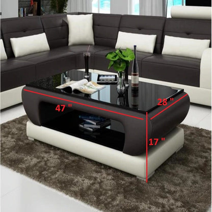 Leatherette Coffee Table: Black and White Leatherette Coffee Table with Black Glass