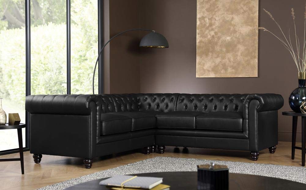 L Shape Sofa Set:- Chesterfield Corner Leatherette Sofa Set (Black)