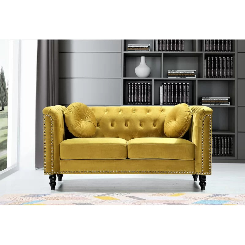 Loveseat: 64.17'' Velvet Rolled Arm Chesterfield Loveseat