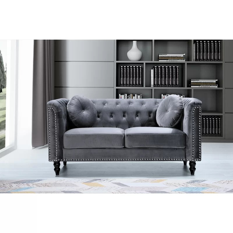 Loveseat: 64.17'' Velvet Rolled Arm Chesterfield Loveseat