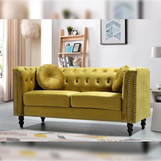 Loveseat 64.17'' Velvet Rolled Arm Chesterfield Loveseat