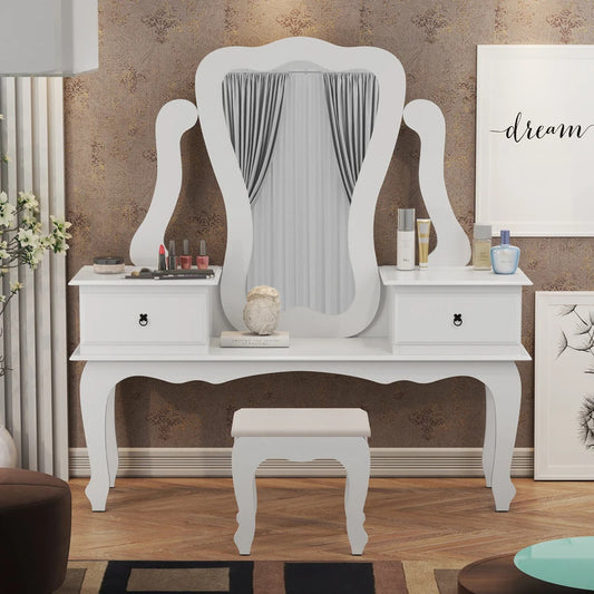 Makeup Vanity: Gian Vanity with Bench, White & 02 drawers