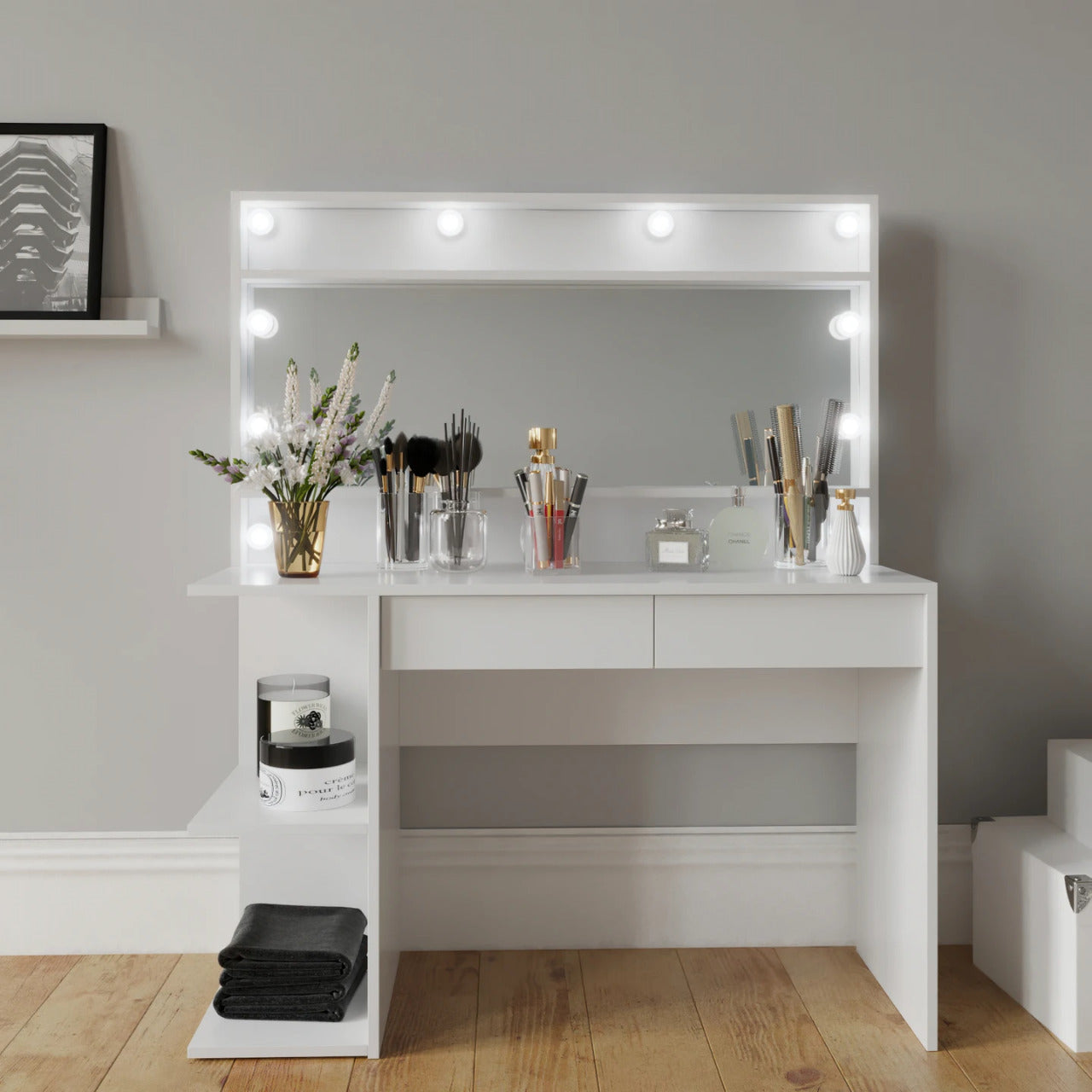 Makeup Vanity : White Makeup Vanity, Dressing Table with 2 Drawers & 3 Shelves