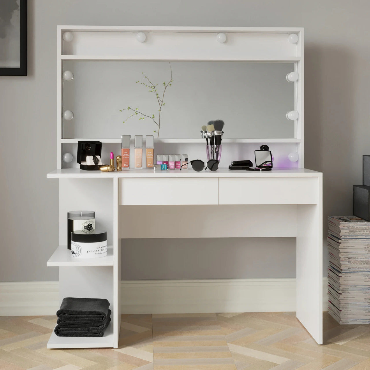 Makeup Vanity : White Makeup Vanity, Dressing Table with 2 Drawers & 3 Shelves