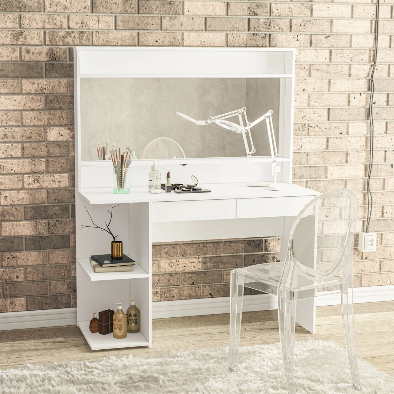 Makeup Vanity : White Makeup Vanity, Dressing Table with 2 Drawers & 3 Shelves