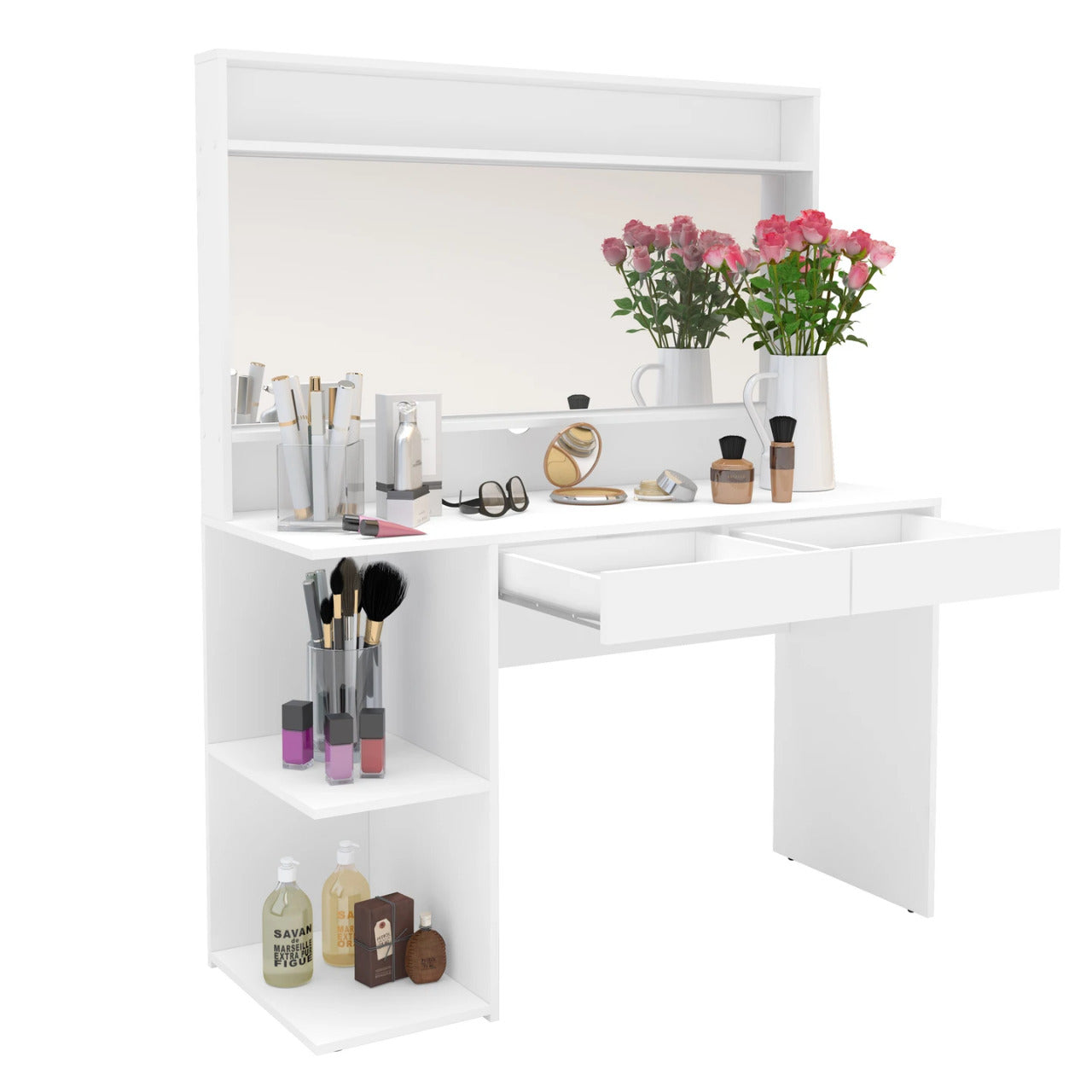 Makeup Vanity : White Makeup Vanity, Dressing Table with 2 Drawers & 3 Shelves