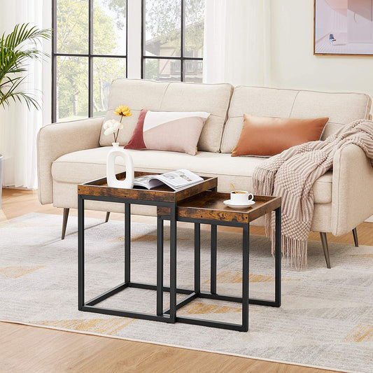 Nest Of Set of 2 Side Tables, End Tables with Raised Edges, Coffee Tables for Living Room, Industrial Rustic Brown and Black