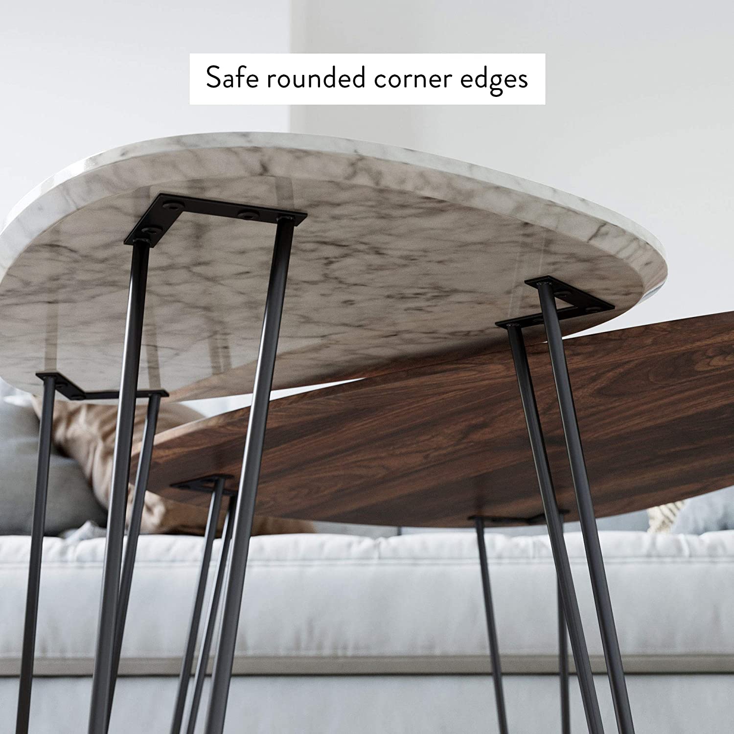 Coffee Table Set: Coffee Table Set of 2, Stacking Side or End for Living Room , Wood Finish and Black Metal Legs