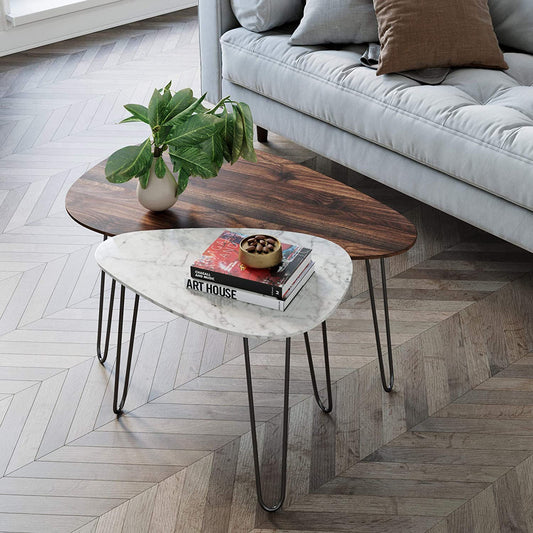 Coffee Table Set: Coffee Table Set of 2, Stacking Side or End for Living Room , Wood Finish and Black Metal Legs