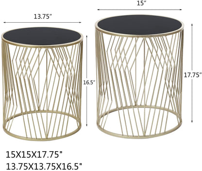 Nest Of Table 2 Pieces End Table Metal Side Tables for Living Room (Black Top Silver)