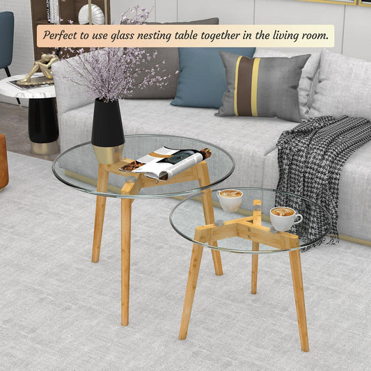 Nest Of Table Table Set of 2, Glass End Table for Living Room Side Table for Bedroom Round Modern Coffee Table