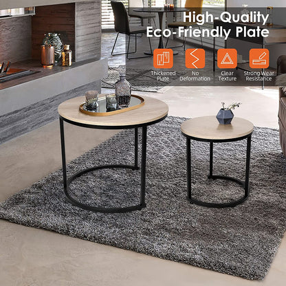Nest Of Tables: Set of 2 for Living Room, Balcony, Garden, Round Table with Wood Side, Sturdy Metal Frame