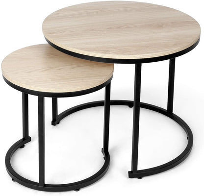 Nest Of Tables: Set of 2 for Living Room, Balcony, Garden, Round Table with Wood Side, Sturdy Metal Frame