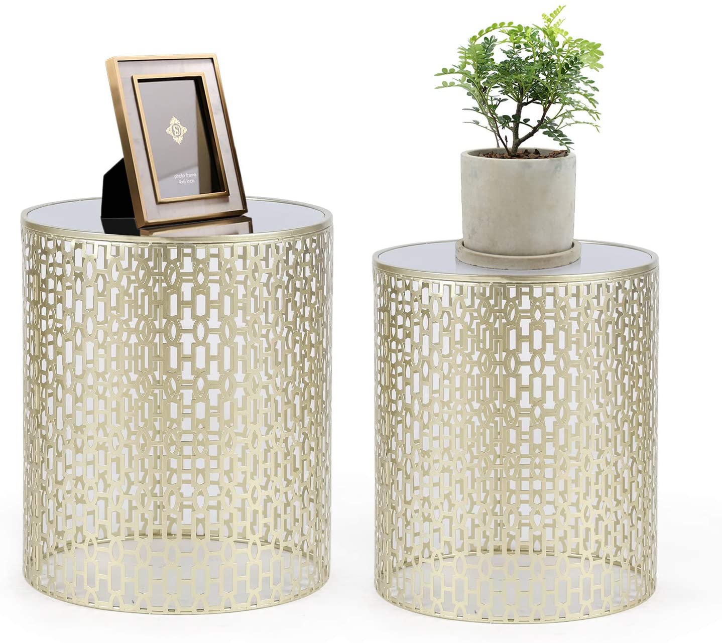 Nest Of Tables : Set of 2 Light Gold Coffee Tables Round Nightstands Stools