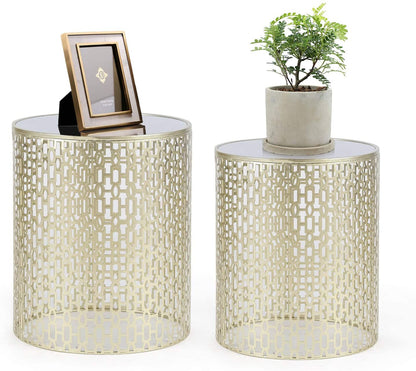 Nest Of Tables : Set of 2 Light Gold Coffee Tables Round Nightstands Stools