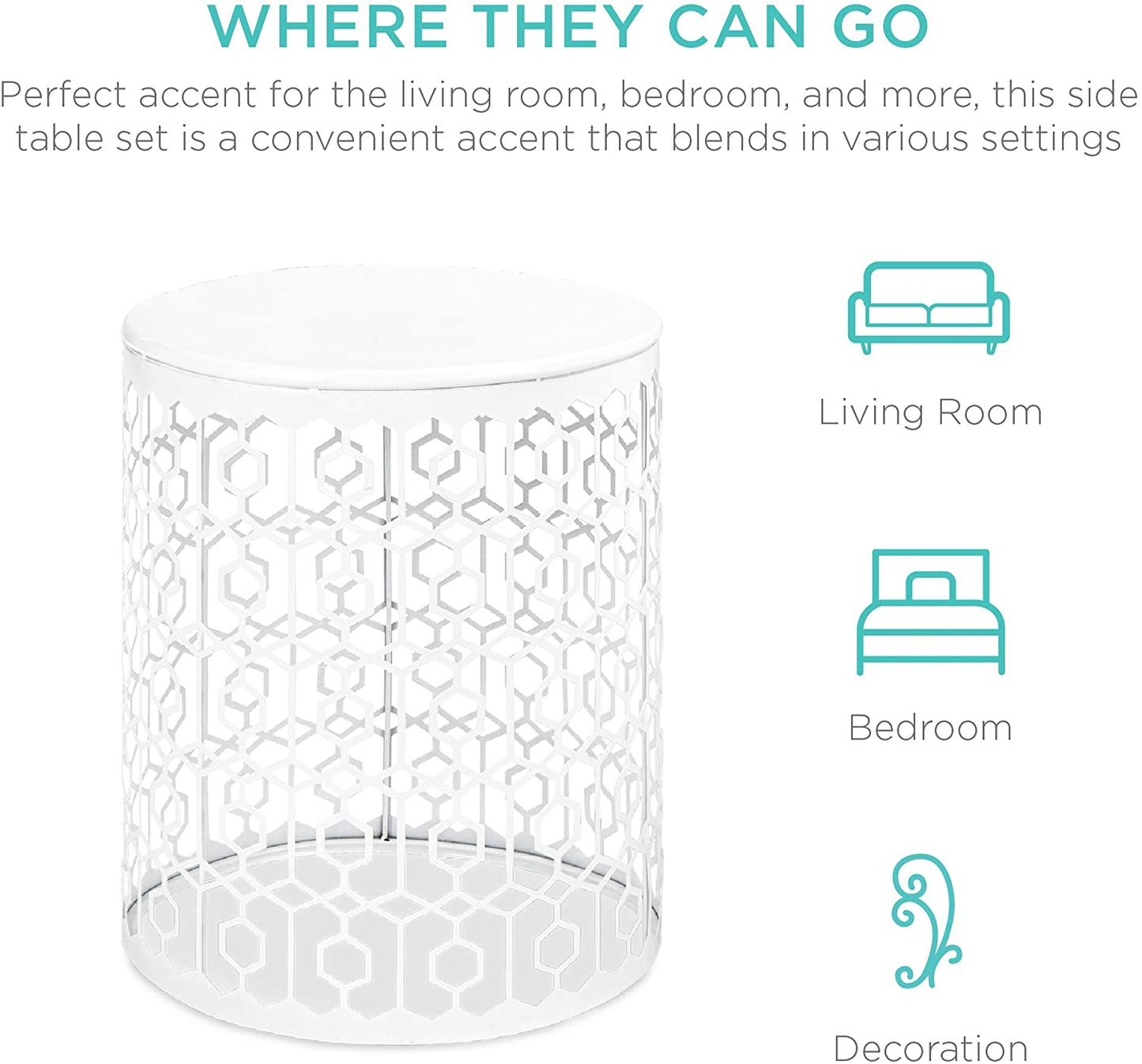 Nest Of Tables Set of 2 Decorative Round End Tables Nightstands, Coffee Side Tables for Living Room Bedroom Office, Nesting - White