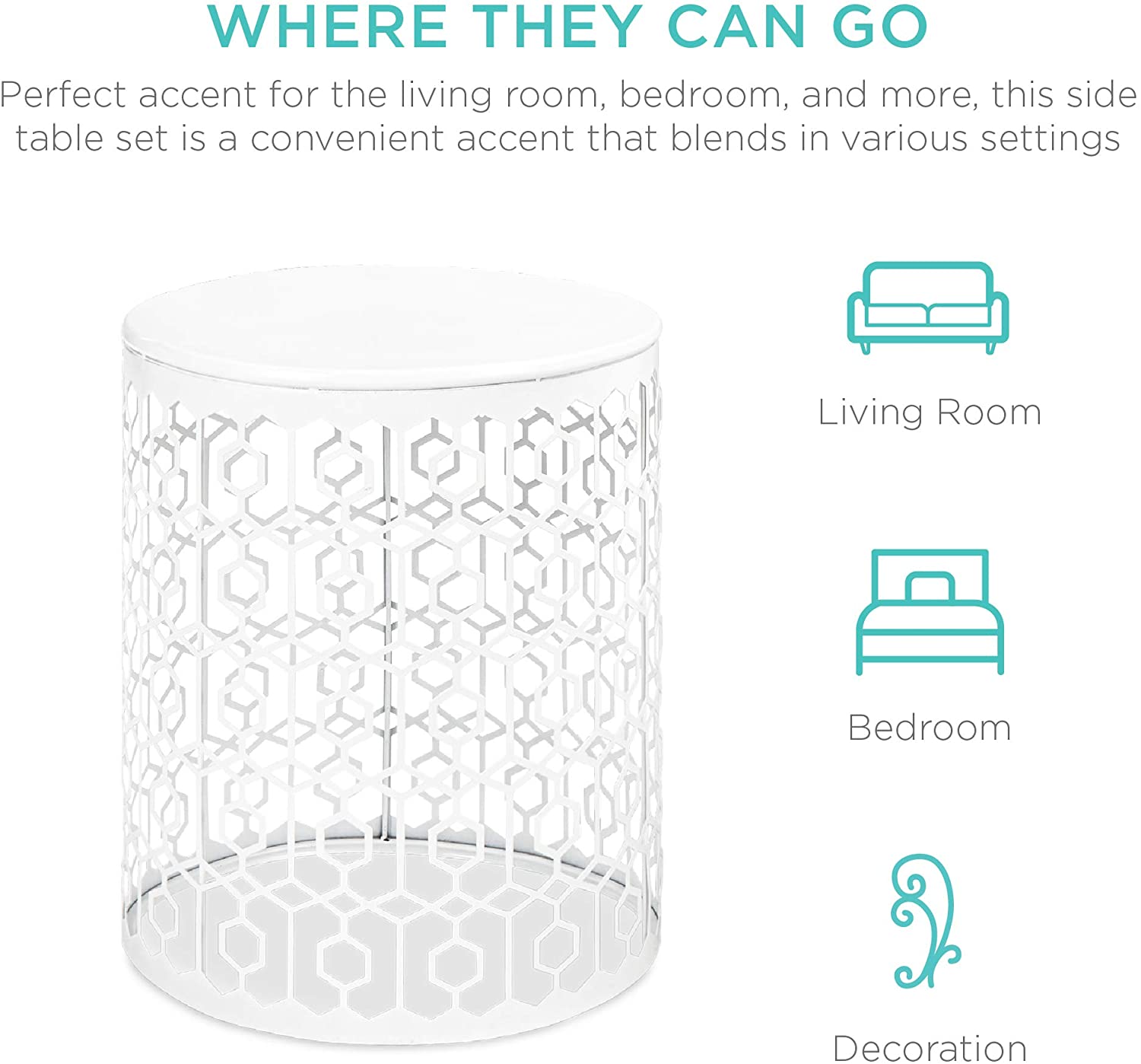 Nest Of Tables Set of 2 Decorative Round End Tables Nightstands, Coffee Side Tables for Living Room Bedroom Office, Nesting - White