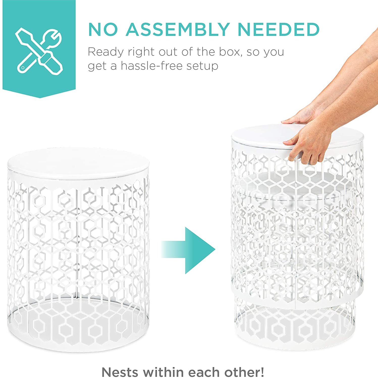 Nest Of Tables Set of 2 Decorative Round End Tables Nightstands, Coffee Side Tables for Living Room Bedroom Office, Nesting - White