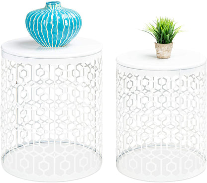 Nest Of Tables Set of 2 Decorative Round End Tables Nightstands, Coffee Side Tables for Living Room Bedroom Office, Nesting - White